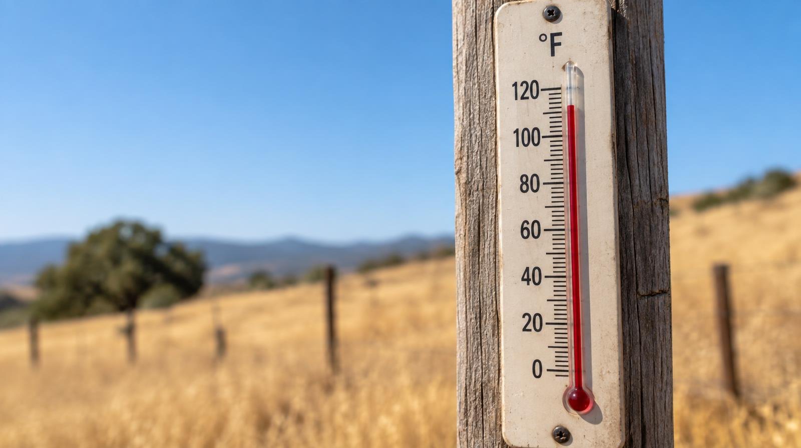 Outdoor thermometer on a wooden post showing a high temperature reading.