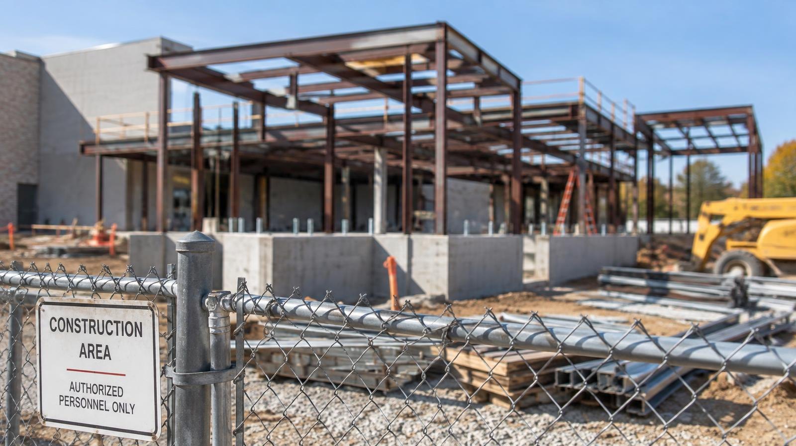 Steel-framed school construction site with concrete foundations surrounded by chain-link fencing.