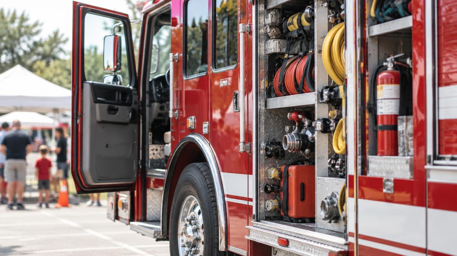 A red fire engine parked outdoors with its cab door open and side compartments visible.