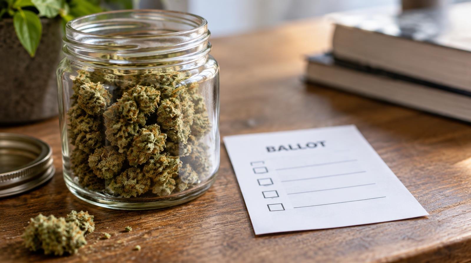 Glass jar of dried cannabis buds beside a small ballot card on a wooden surface.