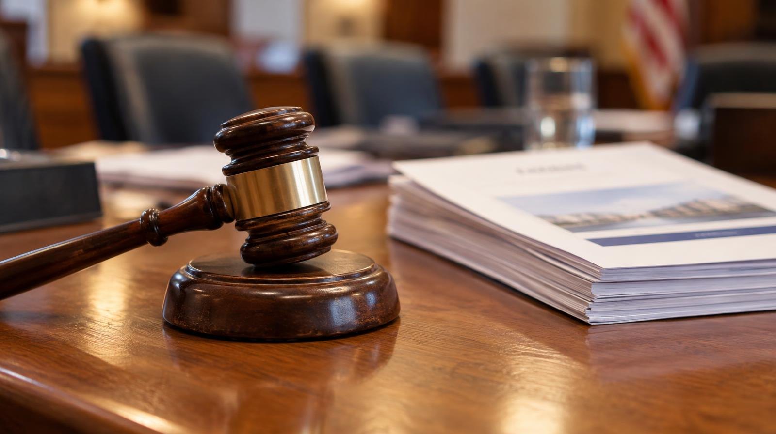 Wooden gavel resting on its sound block on a wooden table.