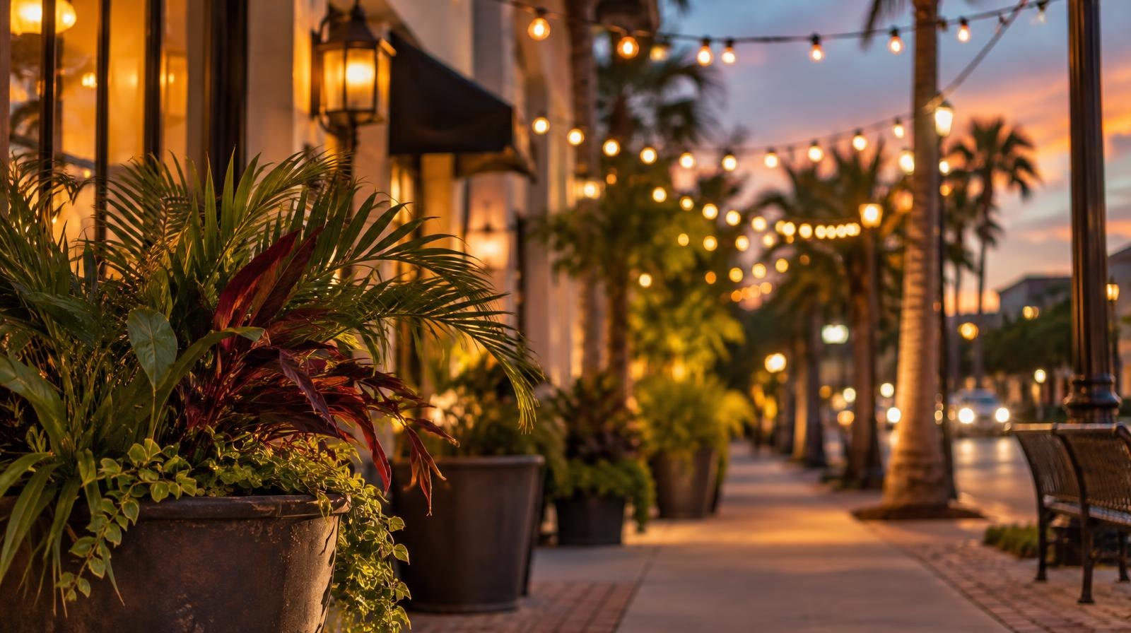 Warm string lights strung between poles over a sidewalk with tropical planters at dusk.