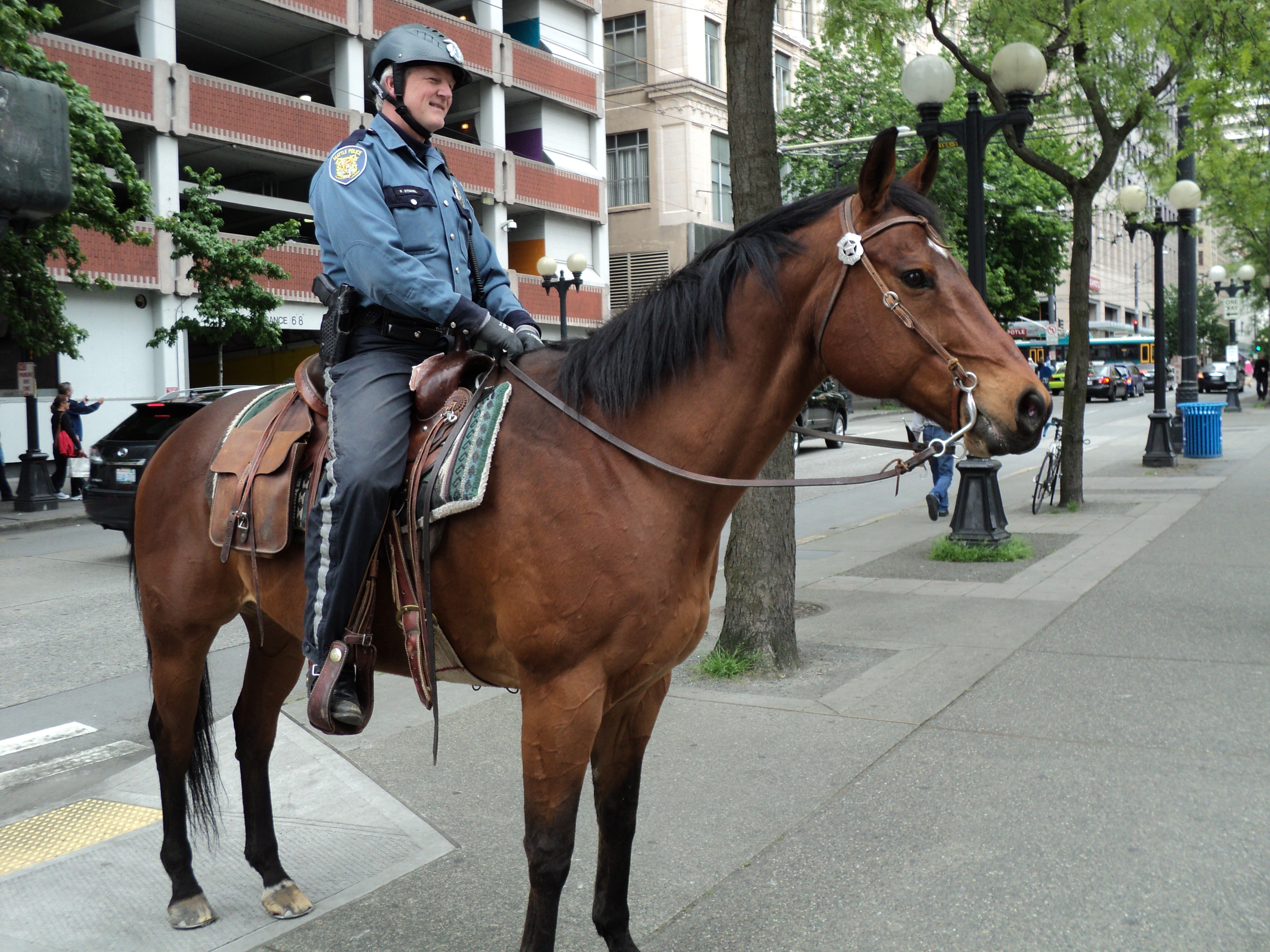 Uniformed Seattle police officer on horseback patrolling a downtown sidewalk.