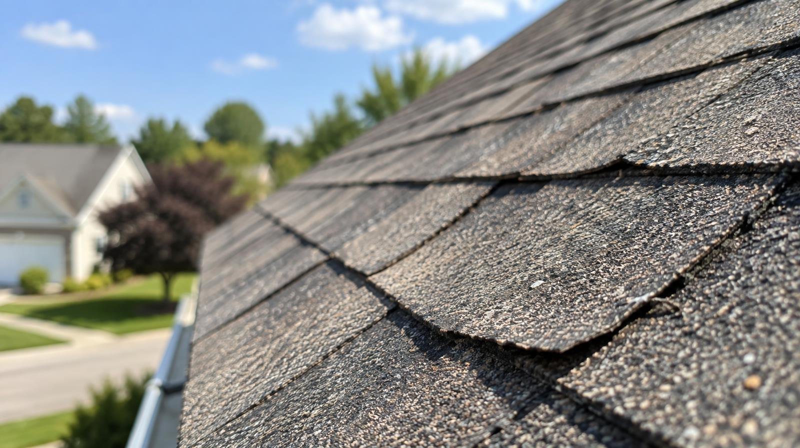 Close-up of weathered gray asphalt shingles on a residential rooftop.
