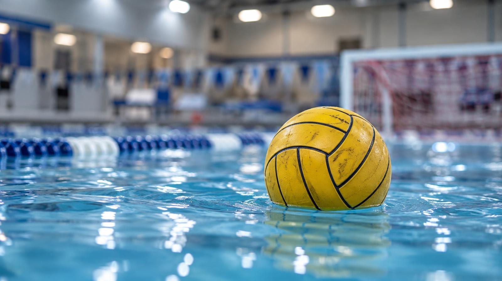 A water polo ball floating on the surface of a blue swimming pool with a goal net in the background.