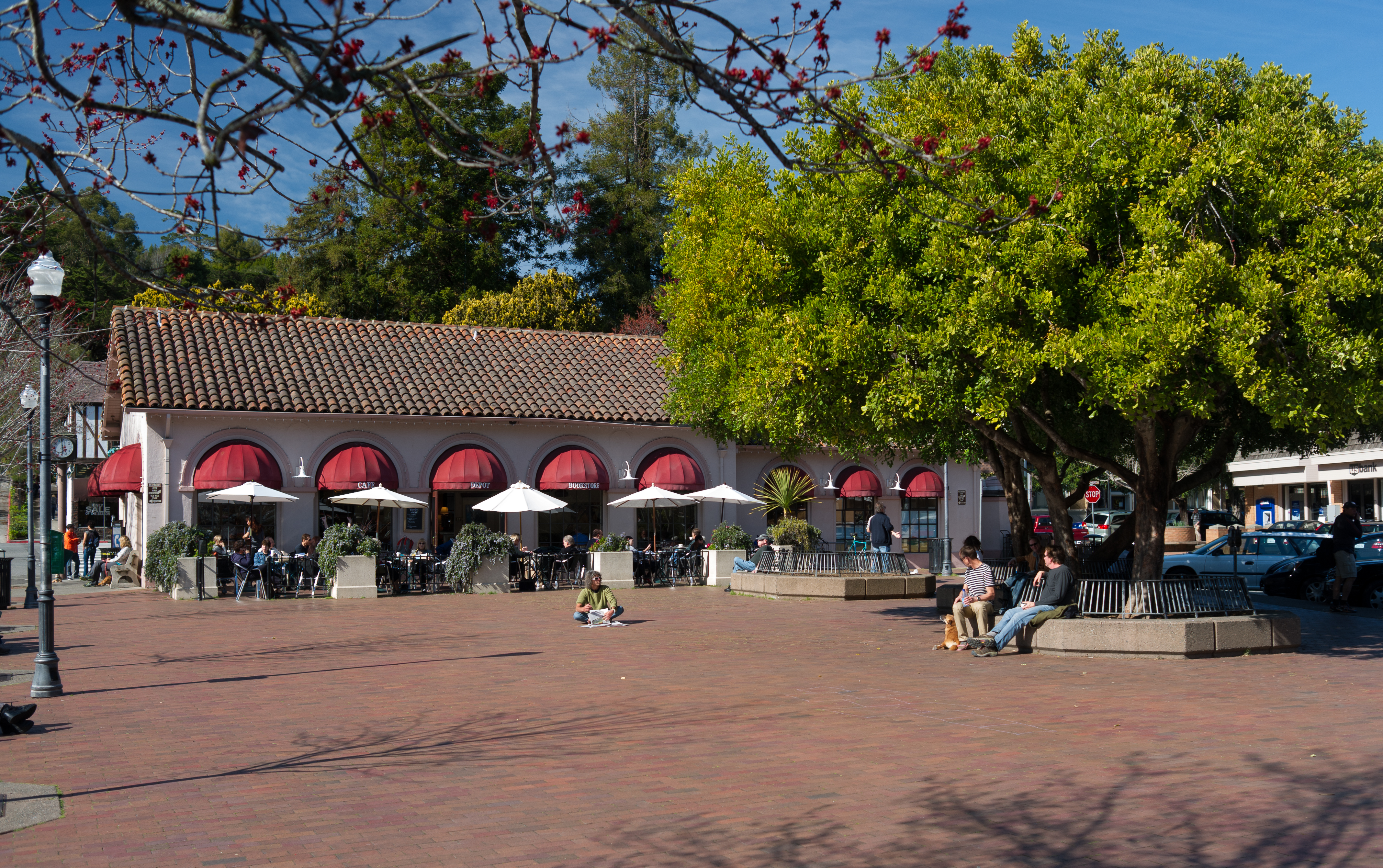 Sunny brick plaza with café seating, red-awning storefront, and large shade trees.