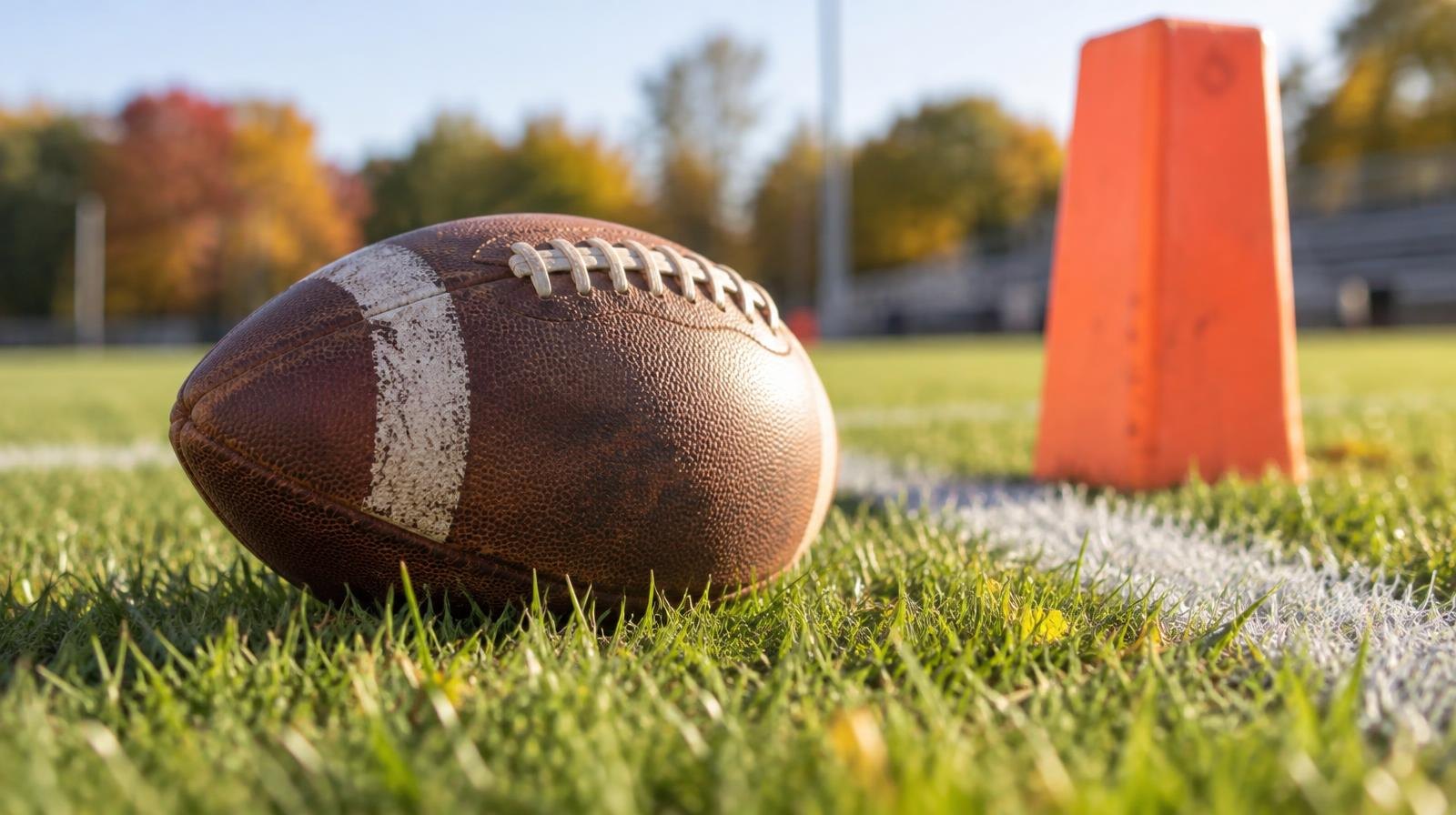 An American football on green grass next to a painted white yard line and orange cone.