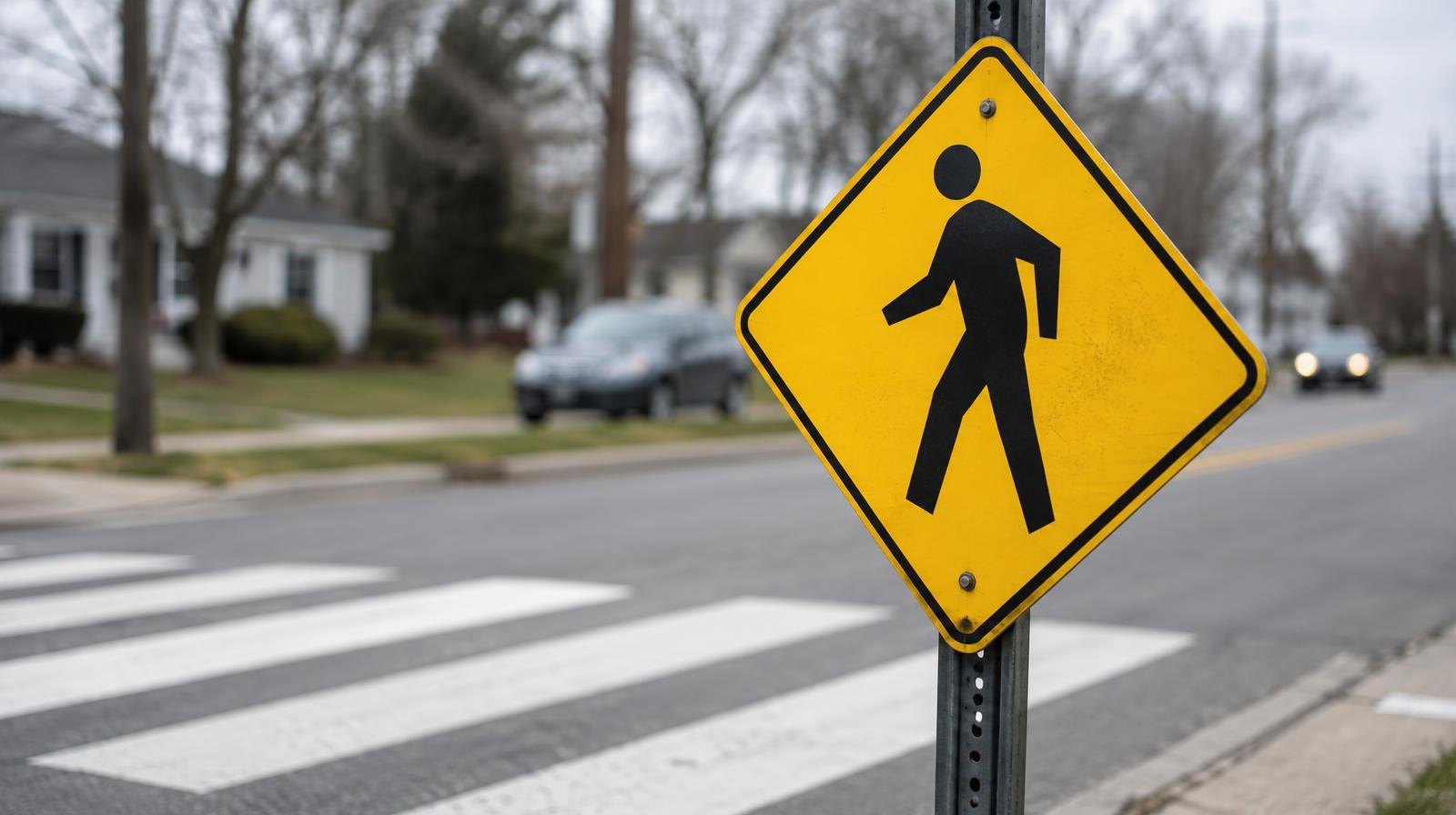 Yellow and black caution sign at a painted pedestrian crosswalk on a suburban street.