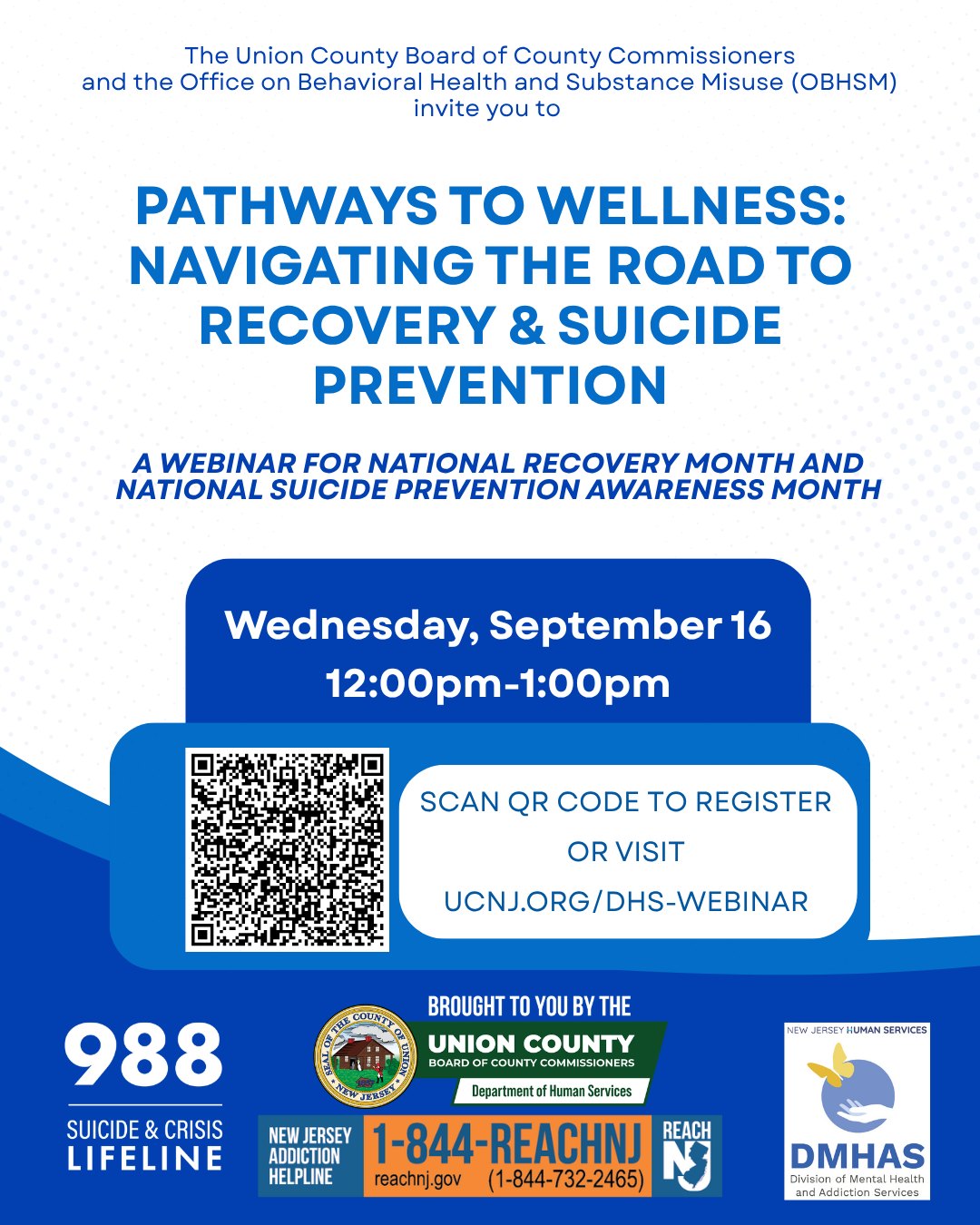 Promotional flyer for a free webinar on recovery and suicide prevention, showing event details and registration QR code.