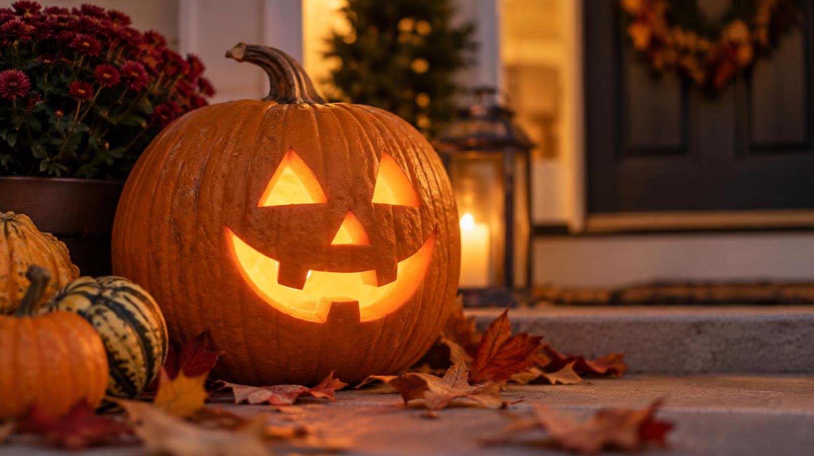 A carved pumpkin glowing with orange candlelight surrounded by autumn leaves.