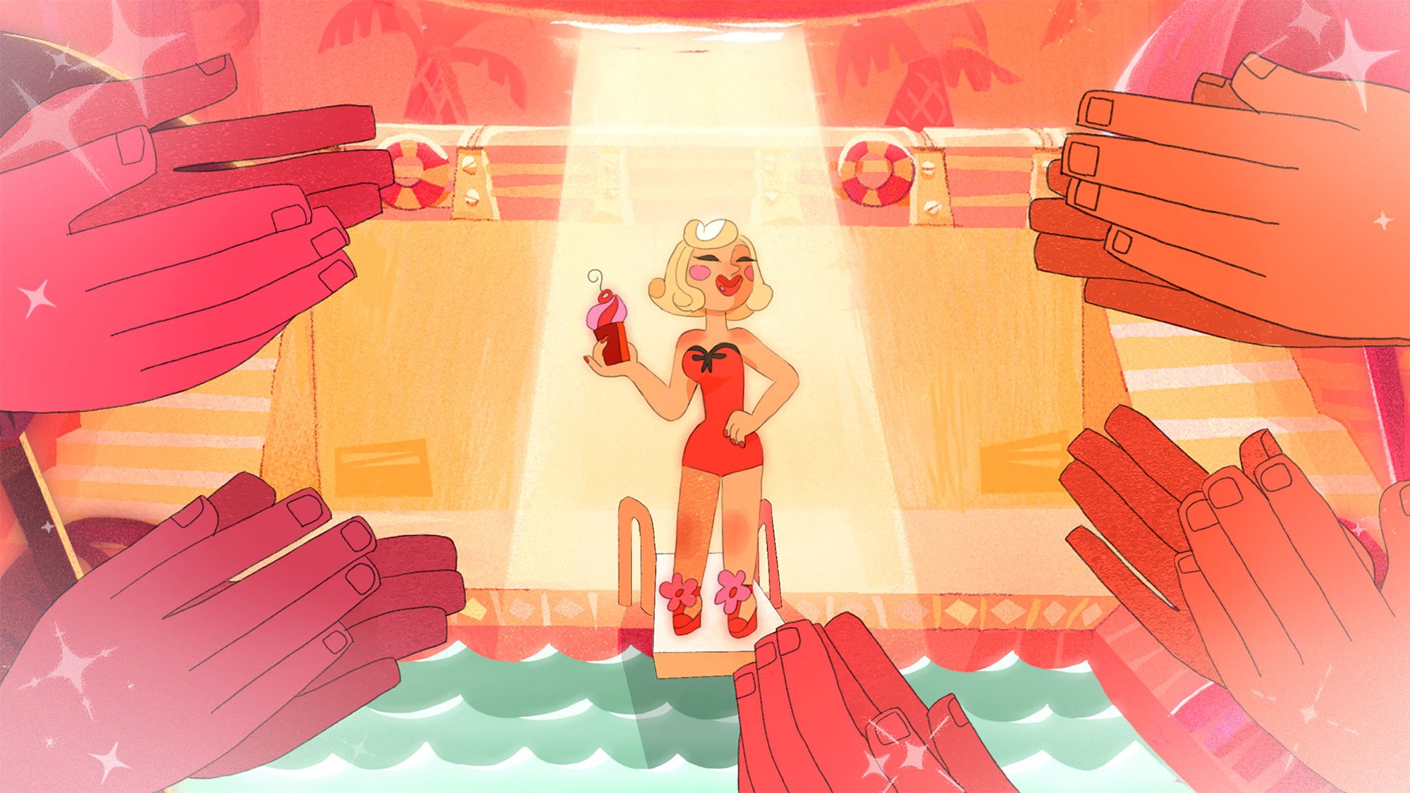 Animated woman in red swimsuit stands on a diving board surrounded by applauding hands.