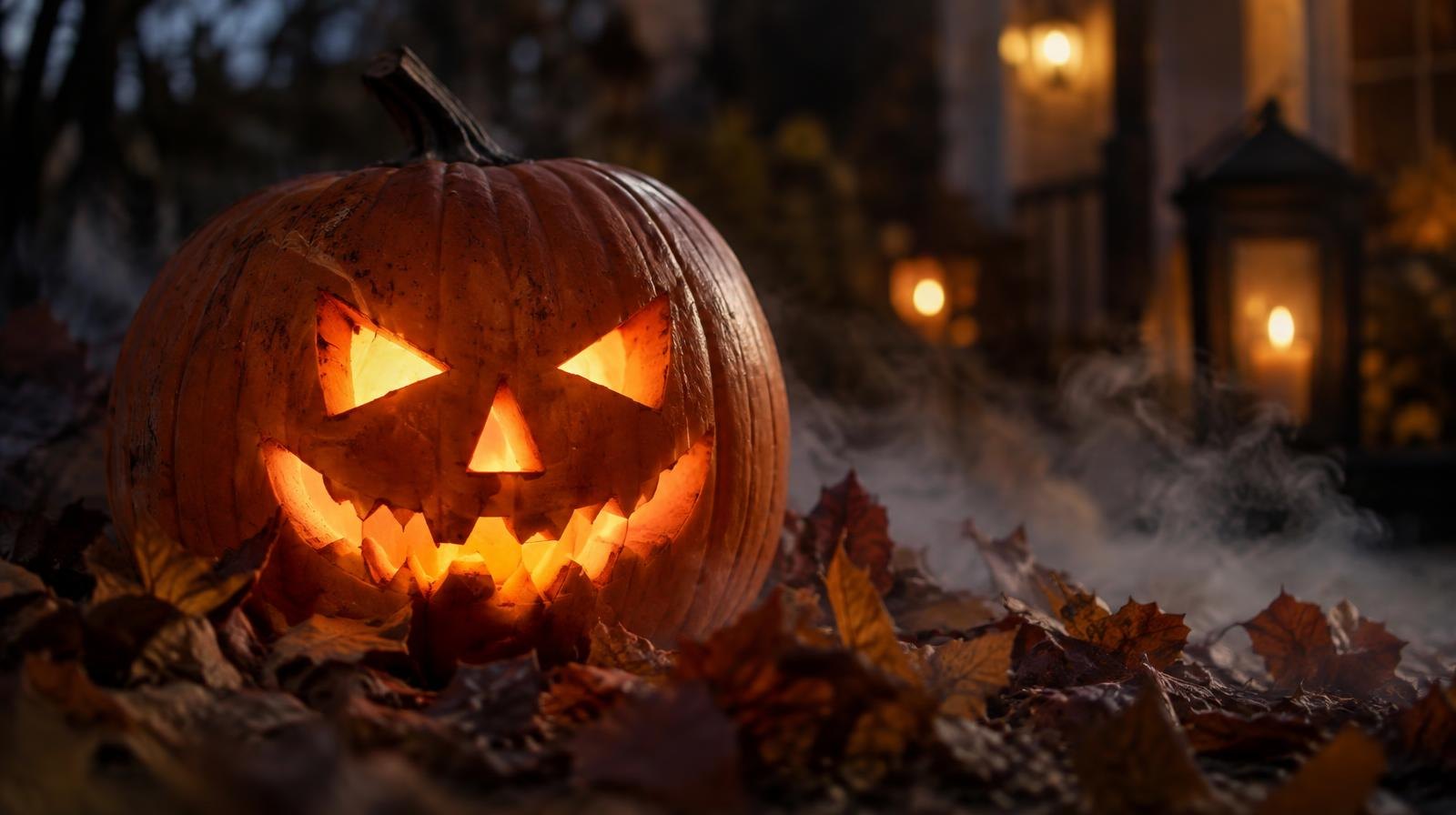 A glowing carved pumpkin surrounded by autumn leaves and wisps of fog at night.