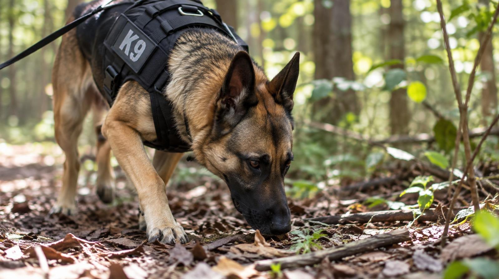 A dog in a law enforcement vest sniffs the ground in a forest.