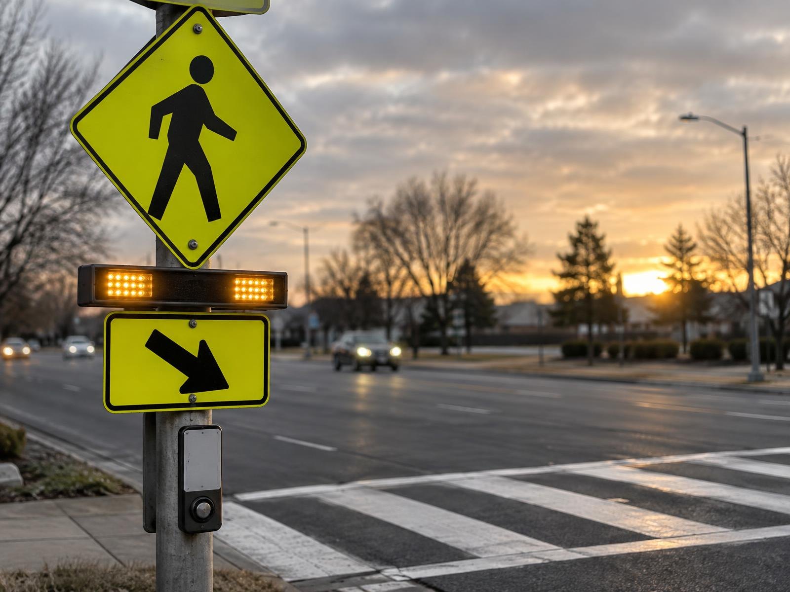 Empty multi-lane road at dawn with a crosswalk and flashing beacon signal post.