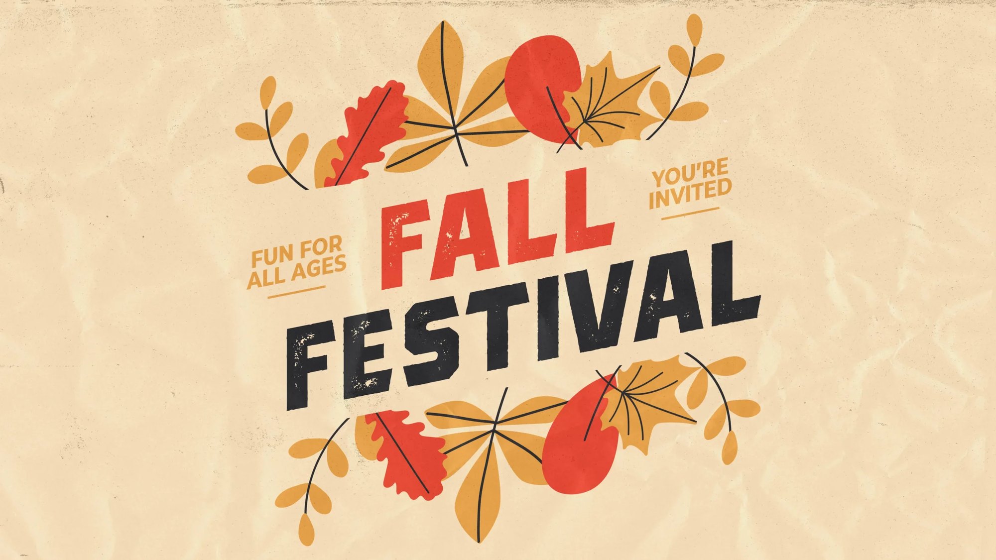 Decorative fall festival flyer with autumn leaves in red, orange, and gold.