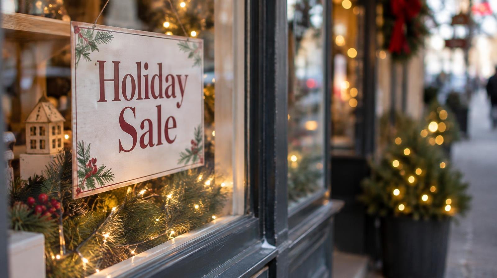 Small shop window adorned with glowing holiday lights and a festive sale display.