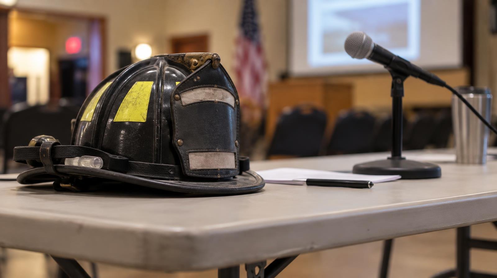 A firefighter's helmet resting on a table next to a microphone indoors.