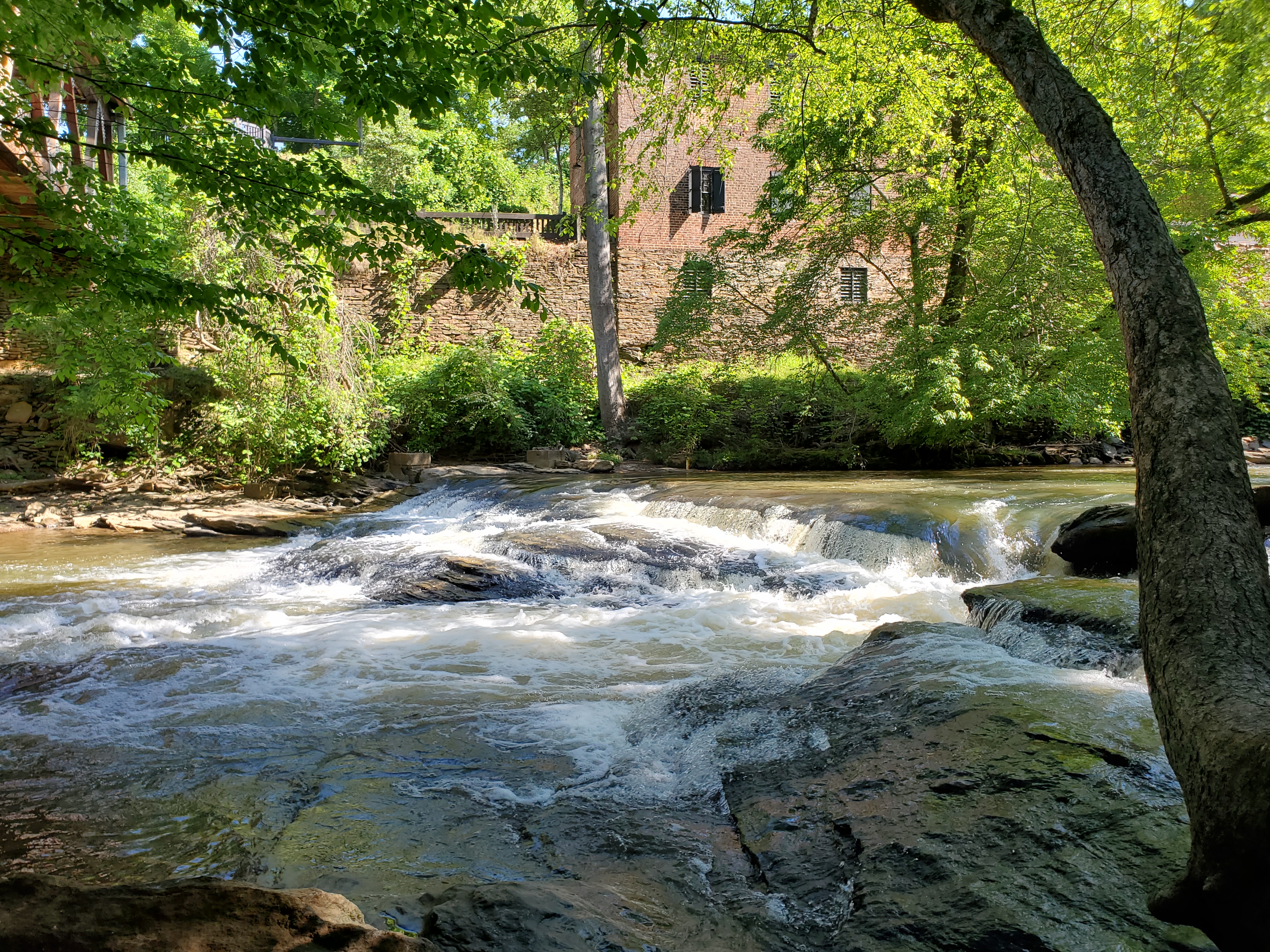 Rocky river with small rapids flowing through dense green forest, brick building visible in background.
