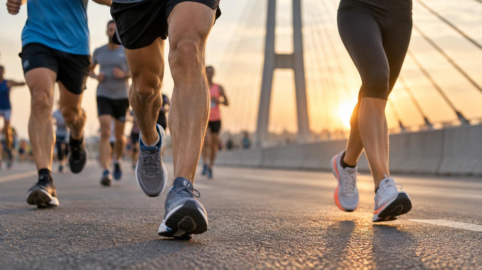 Close-up of runners' legs and shoes on a bridge road surface at sunrise.