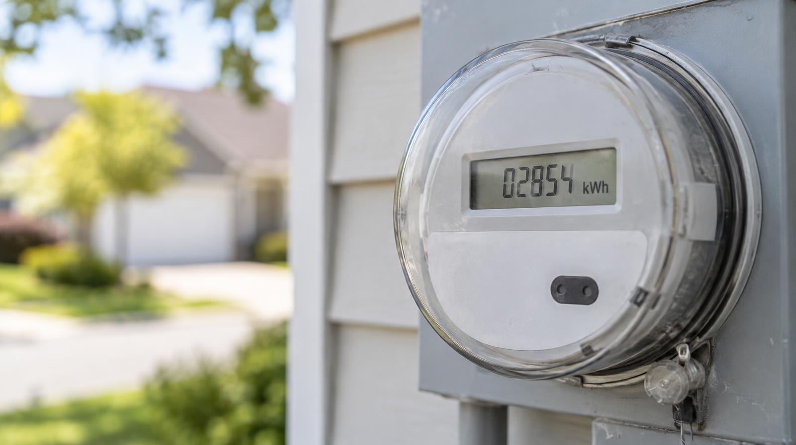 A digital electric meter mounted on the exterior wall of a house.