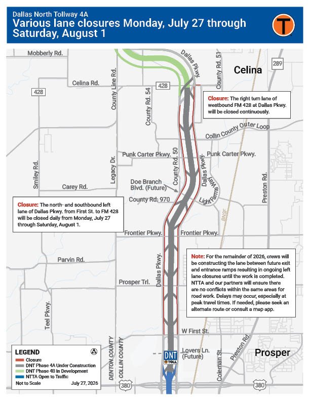 Road map showing lane closure zones along Dallas Parkway between Prosper and Celina.