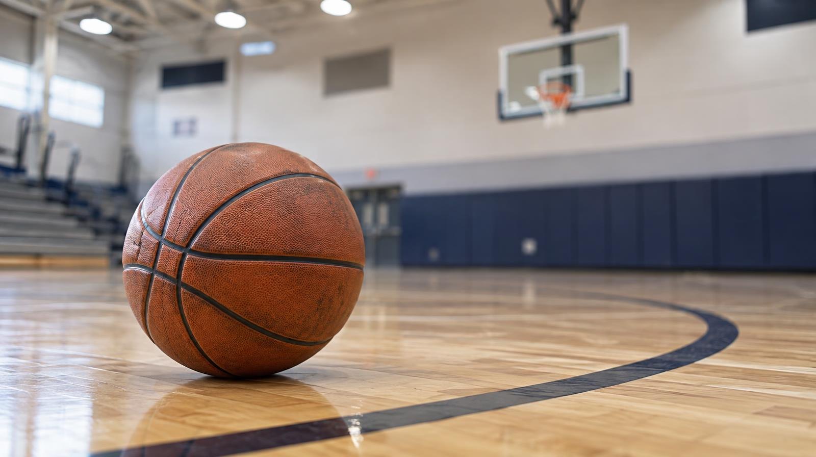 A basketball resting on a hardwood gym floor near the three-point arc, with a hoop in the background.