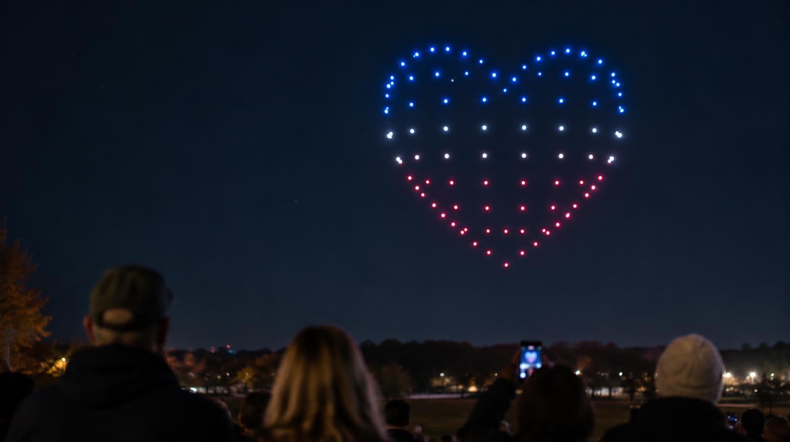 Dozens of illuminated drones forming a glowing pattern in a dark night sky.