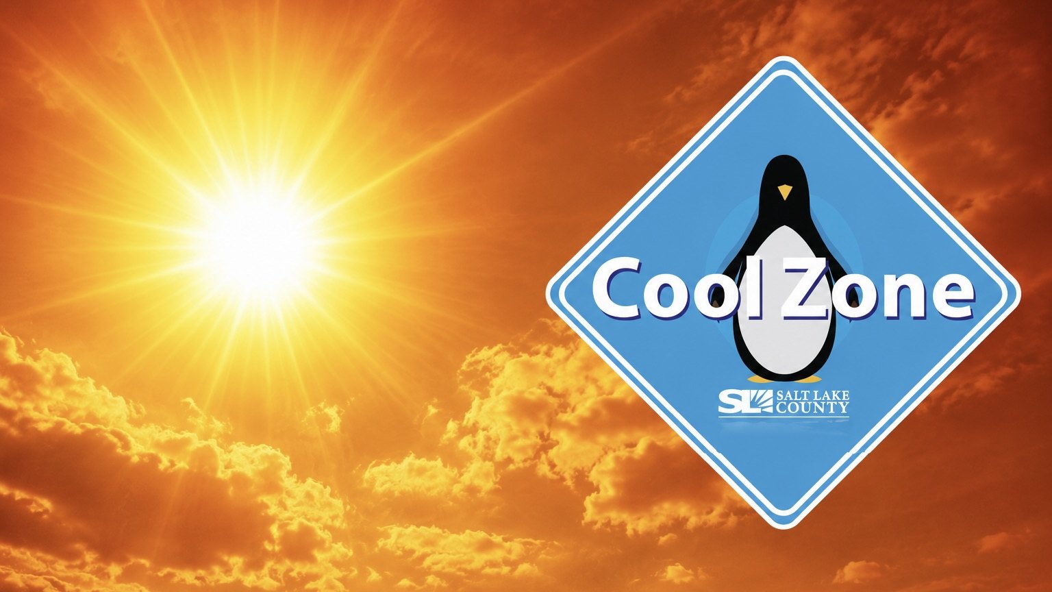Blue diamond Cool Zone sign with penguin icon against a bright orange sun-filled sky.