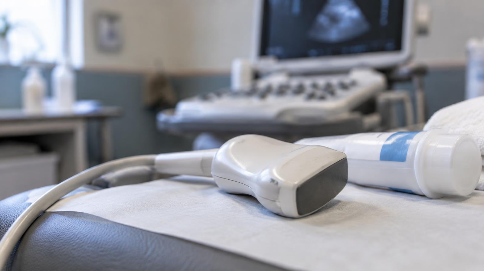 Medical ultrasound probe resting on a clinical surface beside a gel tube.