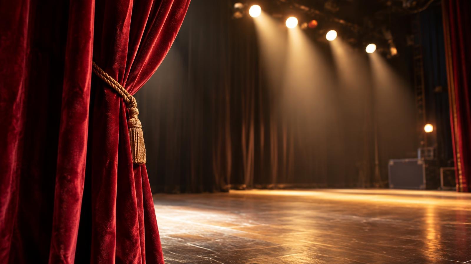 Spotlights shine on an empty stage with a red velvet curtain partially open.