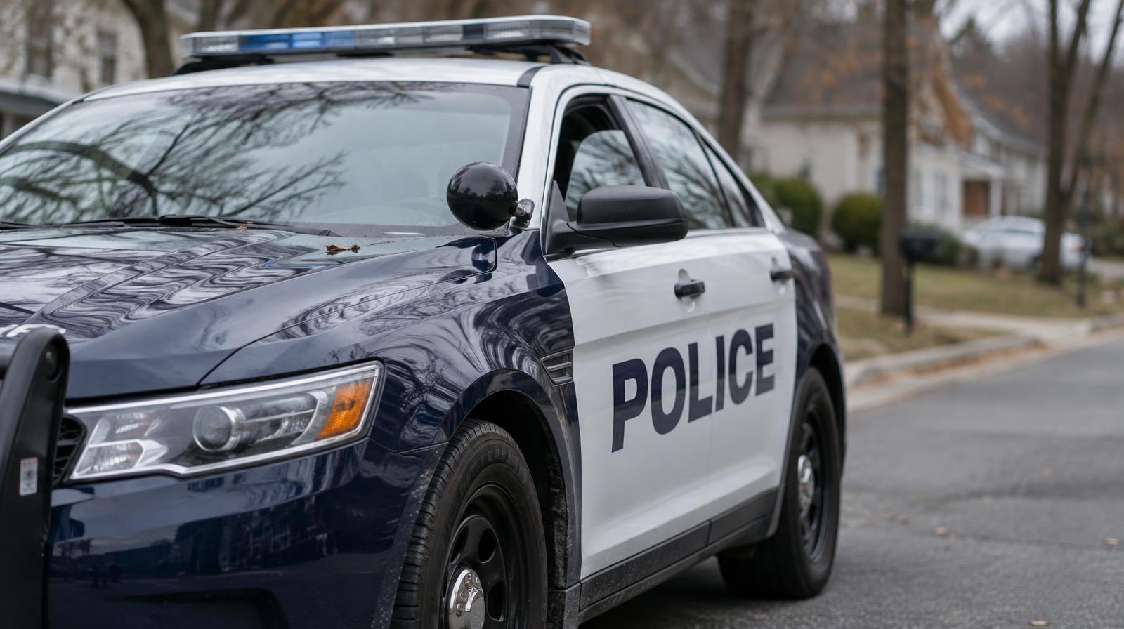 A navy blue and white police patrol car parked on a quiet suburban street.