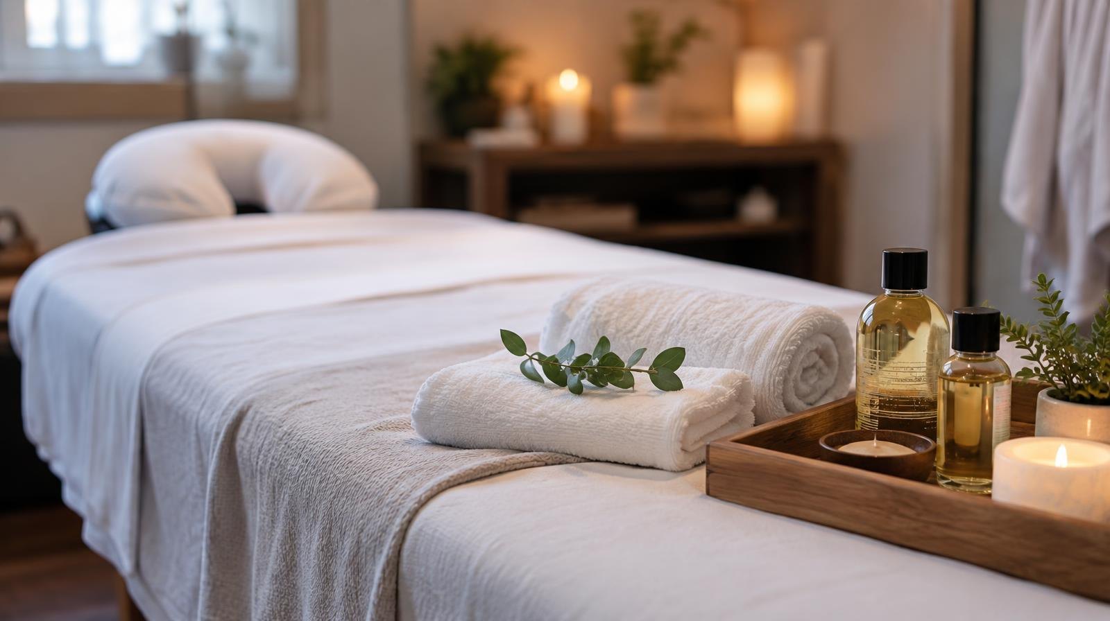 Neatly made massage table with white linens and small oil bottles on a wooden tray.