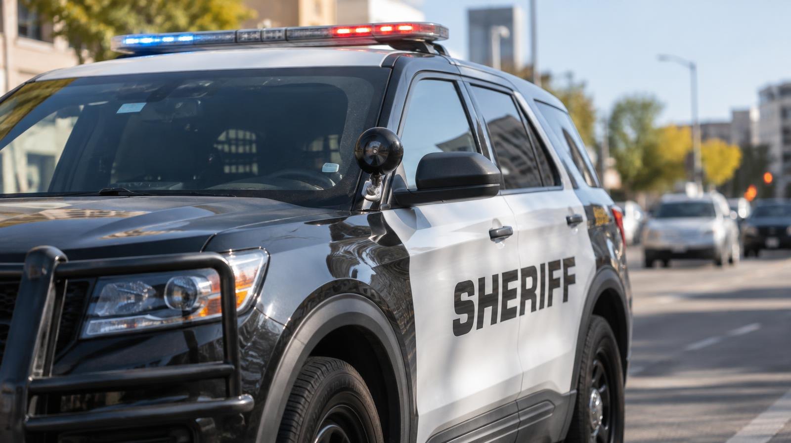 Sheriff's deputy patrol SUV with roof light bar parked on a sunny city street.