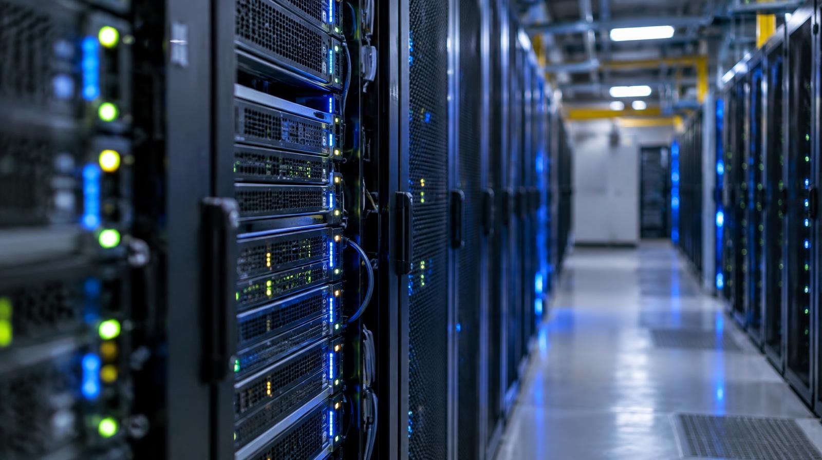 Illuminated server racks stretch down a wide aisle inside a data center.
