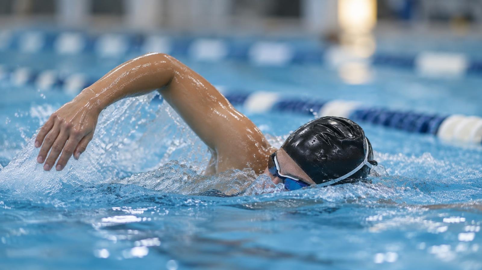A swimmer in goggles and swim cap mid-stroke in a bright blue indoor pool.