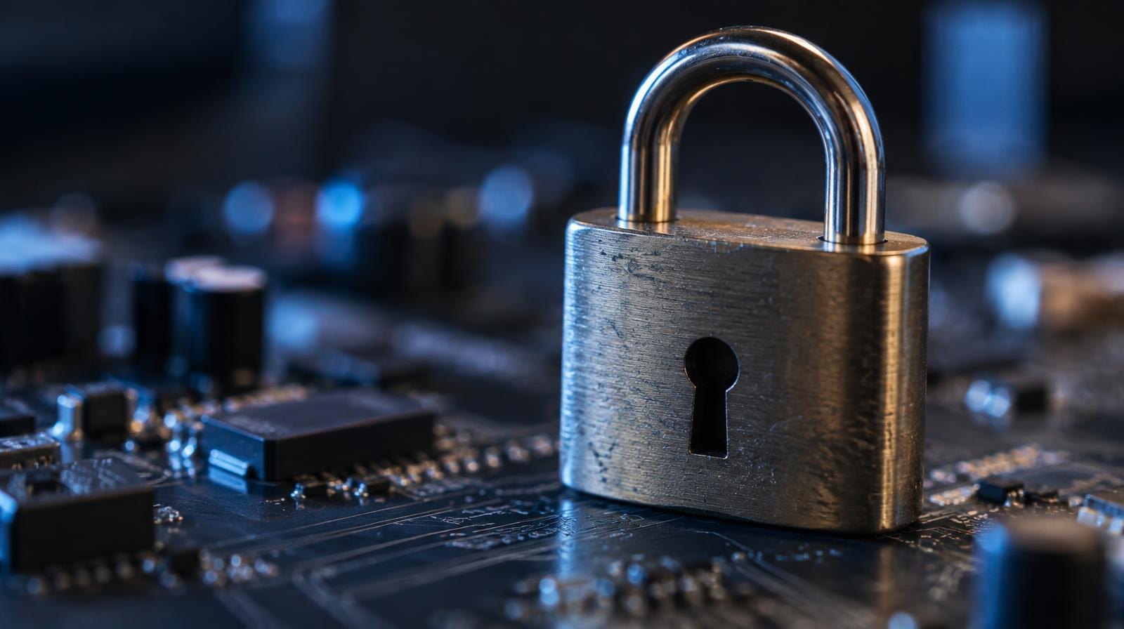 Glowing padlock on a dark circuit board with blue ambient light.