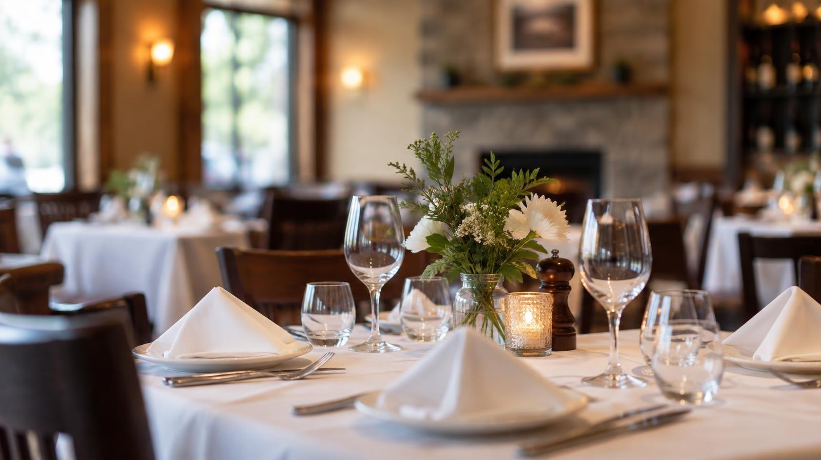 Empty restaurant dining room with white tablecloths and neatly set tables.