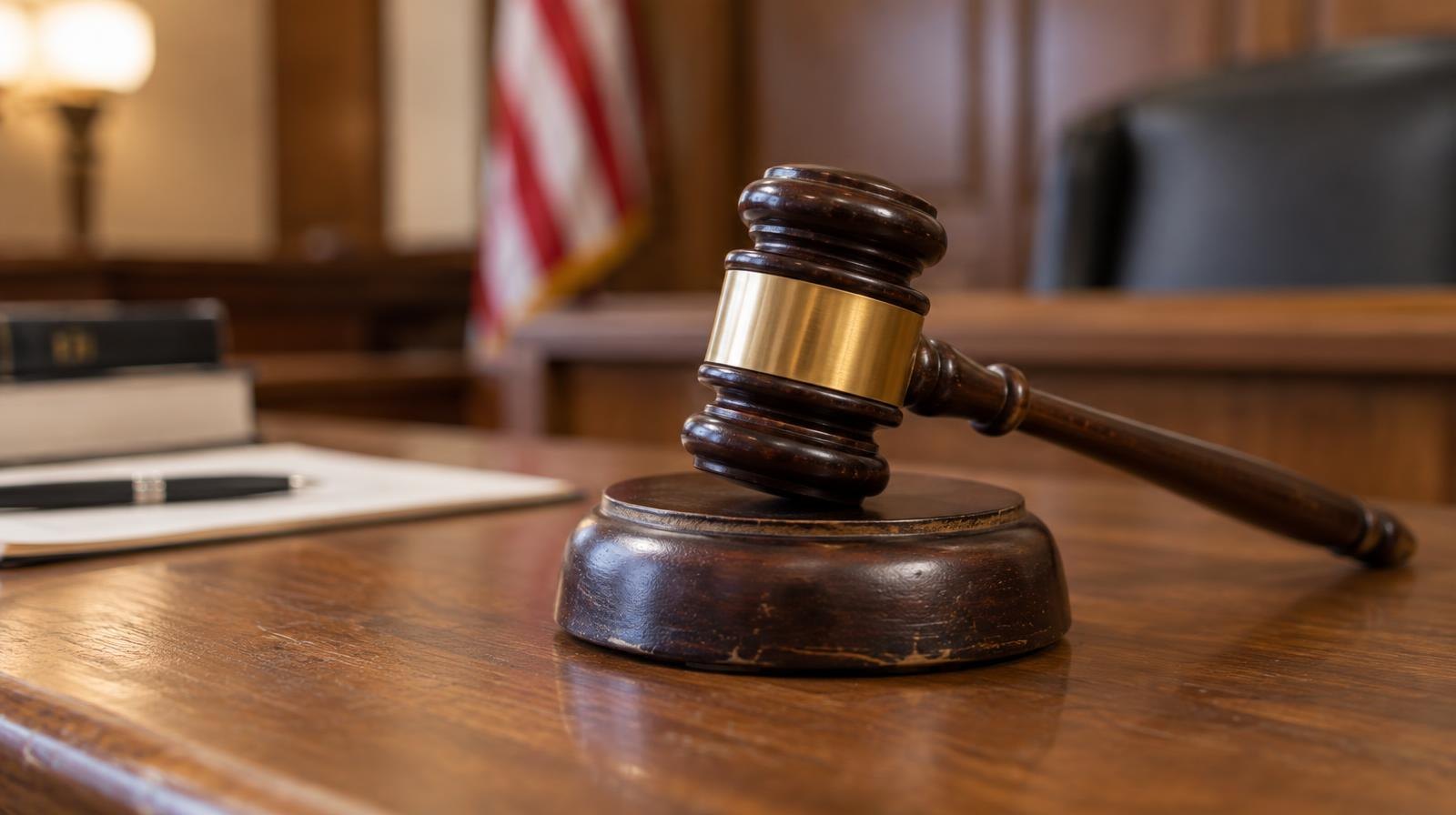 Wooden gavel resting on its sound block on a courtroom bench.