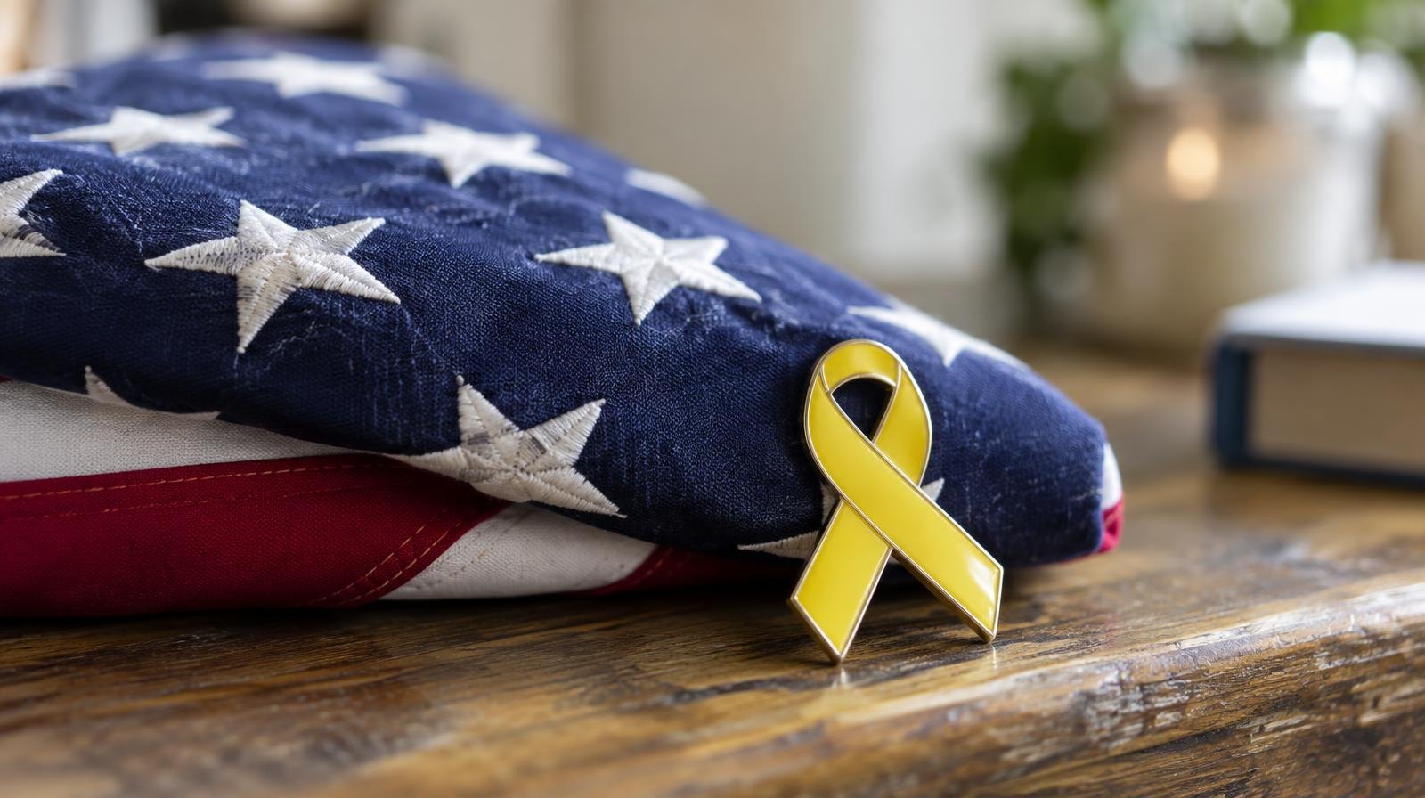 Folded American flag on a wooden surface next to a yellow ribbon pin.