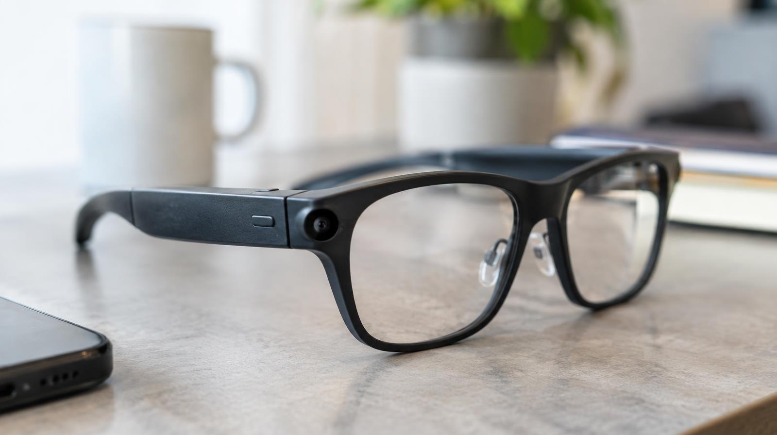 A pair of sleek smart glasses with a small camera lens on the frame.