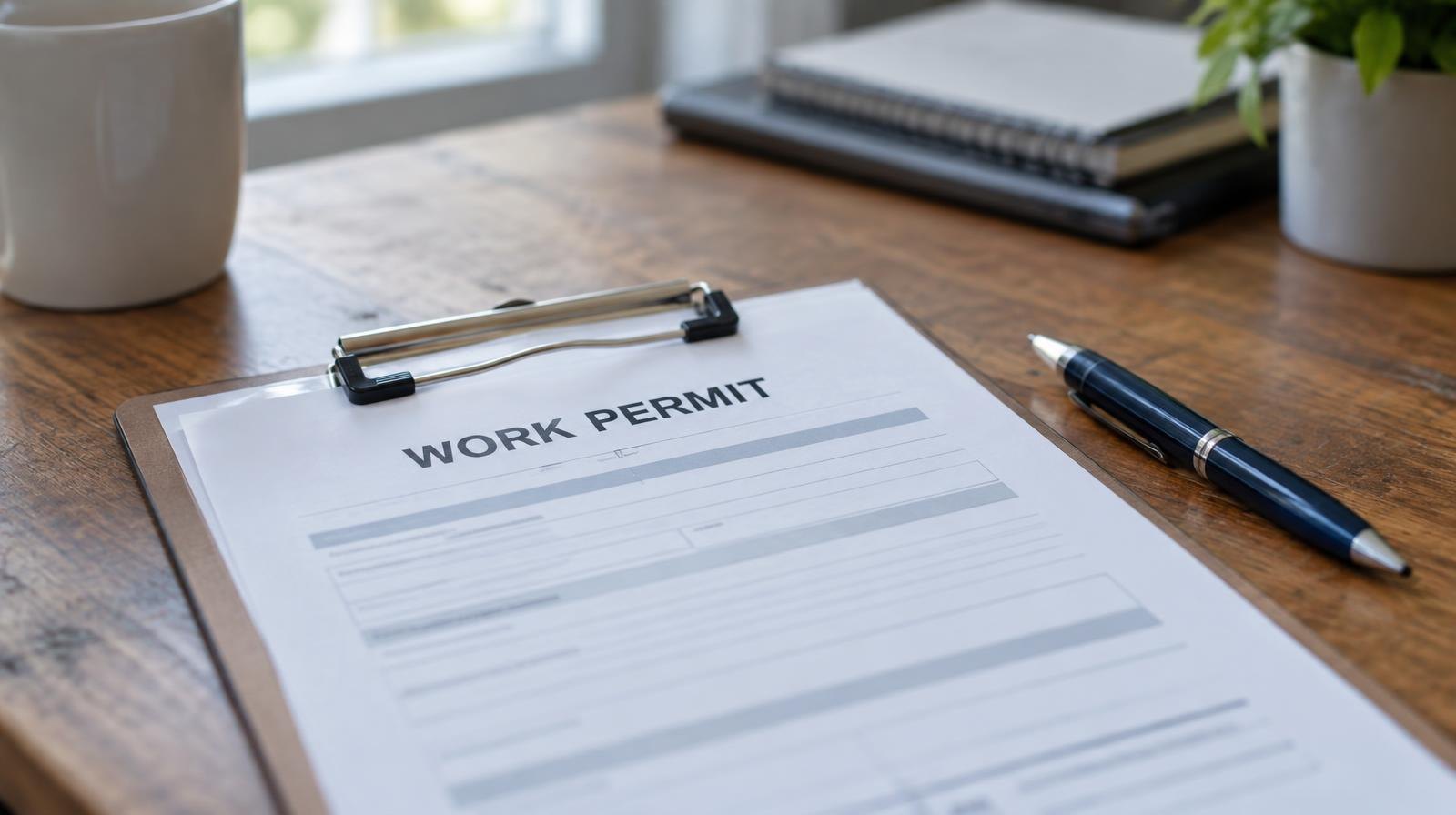 A laminated document clipped to a clipboard on a wooden desk beside a pen.