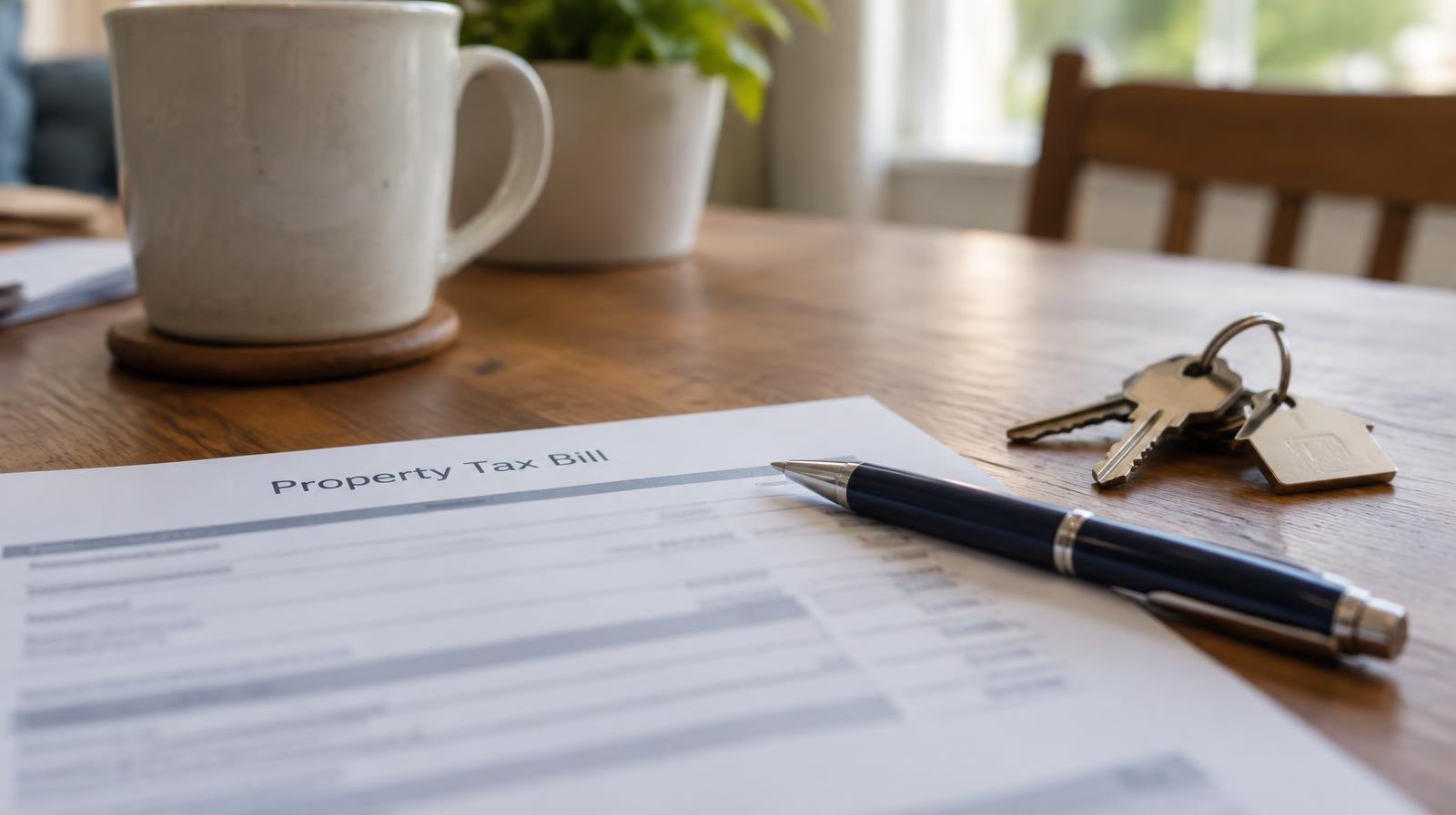 House keys and a pen resting beside a property tax document on a wooden table.