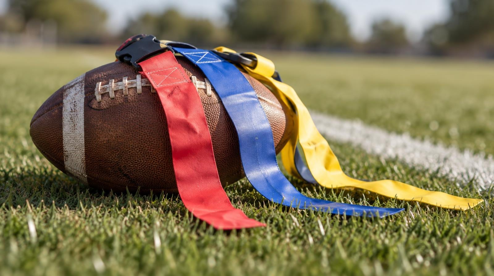 A football with colorful flag belts draped over it resting on green grass near a yard line.