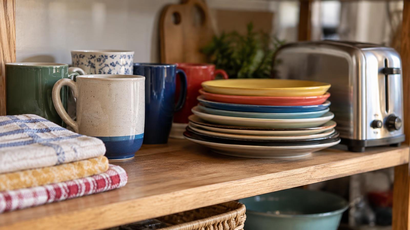 Colorful mugs, stacked plates, a toaster, and folded dish towels on a wooden shelf.