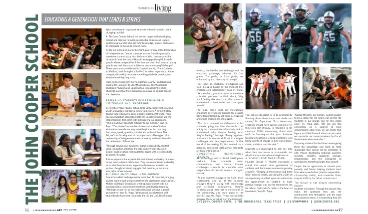Two-page magazine spread featuring a private school with student photos and article text.