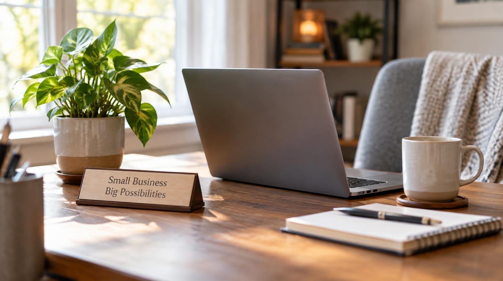 A tidy home office desk with a laptop, plant, and nameplate by a window.