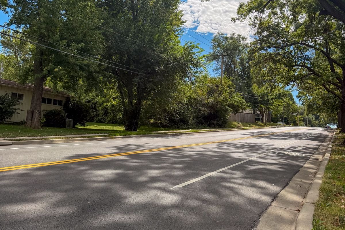 Freshly repaved two-lane road with yellow center lines flanked by trees and a sidewalk.