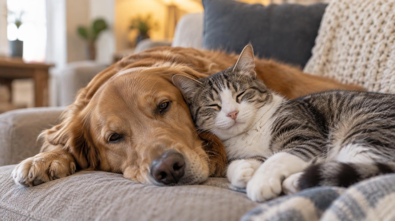 A dog and cat resting together on a cozy sofa cushion indoors.
