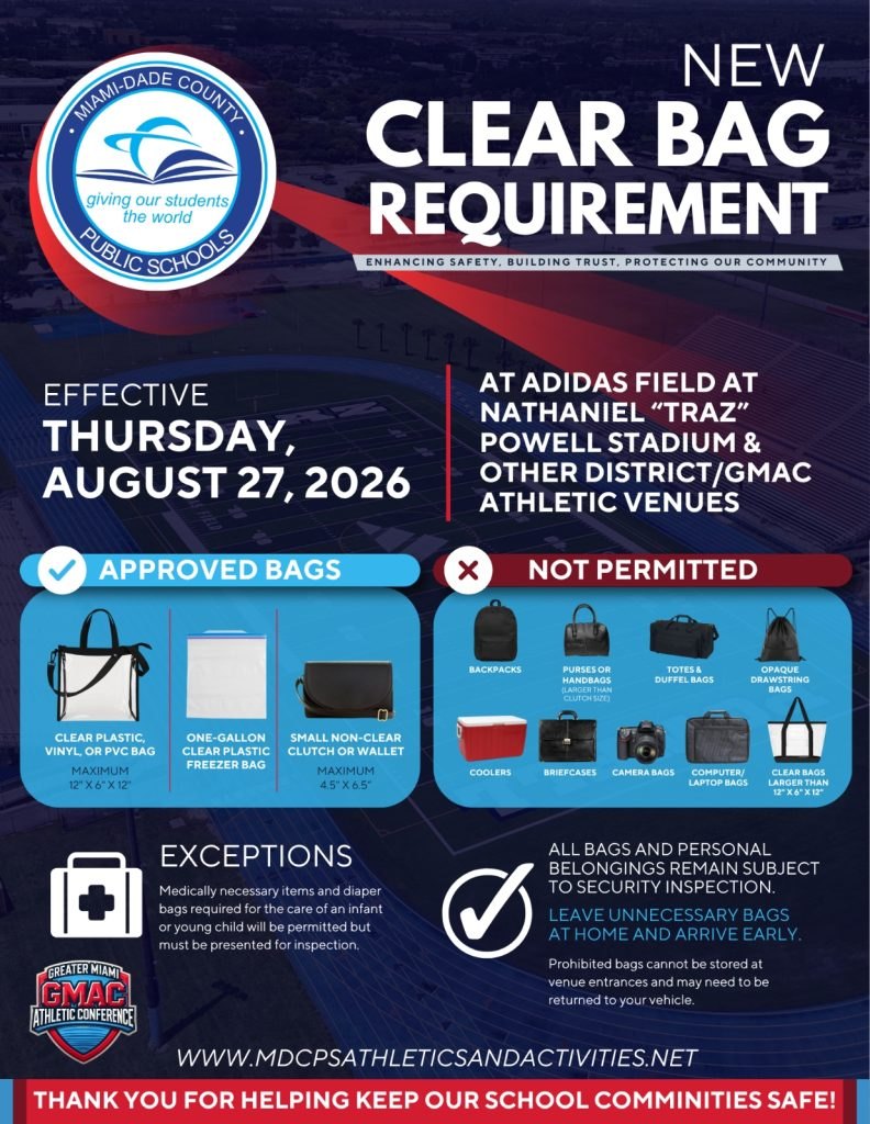Official flyer listing clear bag rules, approved sizes, and prohibited items for school athletic venues.