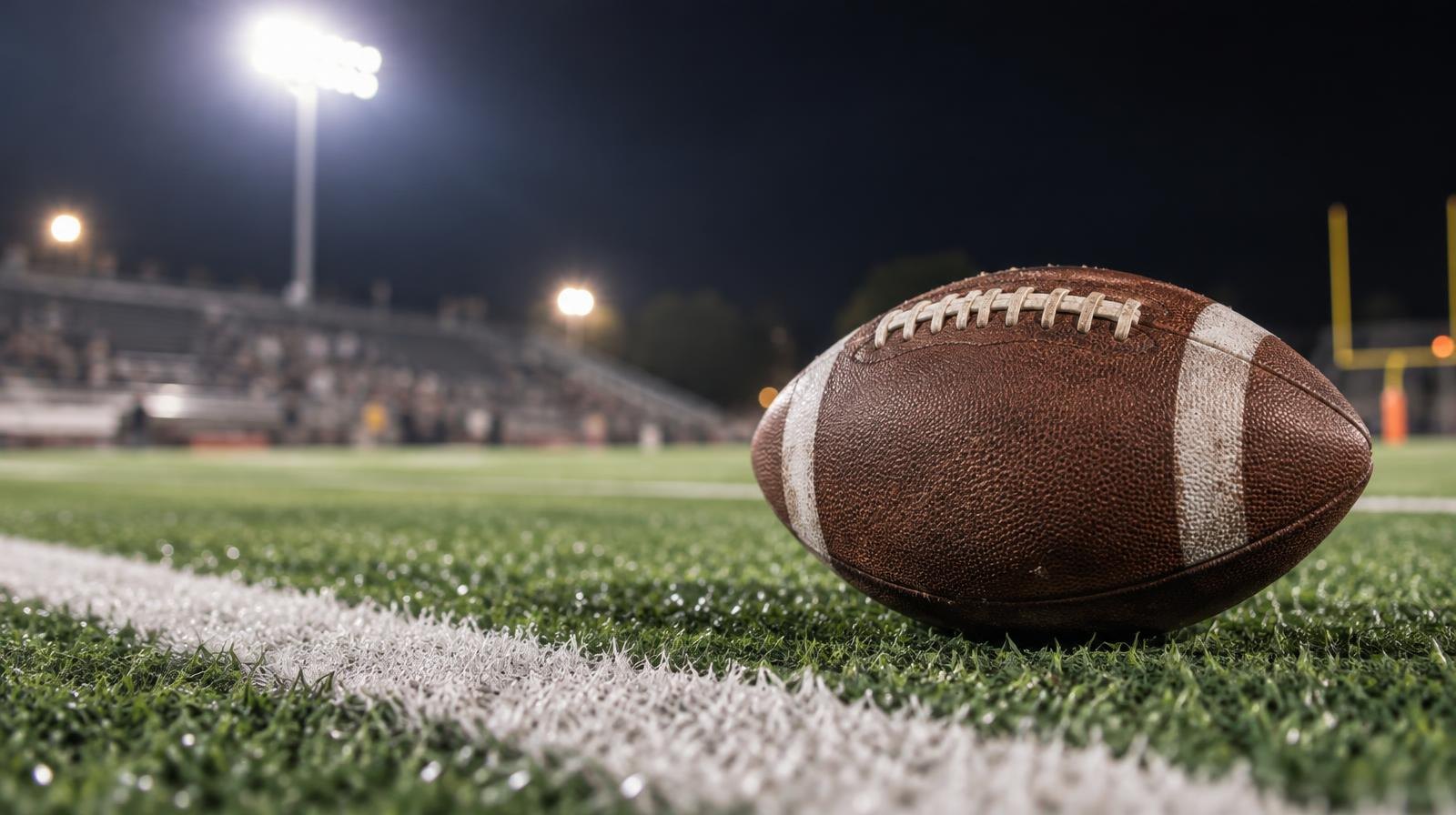 An American football on green turf beside a white yard line under bright stadium lights.